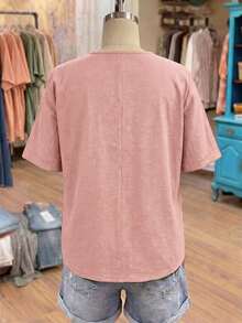 Linhara Plus Size Women Solid Color Faux Linen Round Neck Embroidered 3/4 Sleeve Casual Shirt - Baby Pink - View 2
