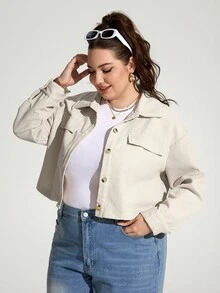SHEIN Unity 大码秋装女装纯色简约休闲长袖夹克秋季夹克和秋季女装冬装 - 米色 - 查看 3