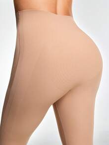 SHAPORA Women High Waist Solid Color Tight Mesh Patchwork Slimming Capri Leggings - Coffee Brown - View 6