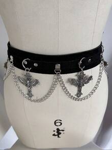 ROMWE Goth 1-Piece Women's Flannel Fabric, Moth Cross, Single-Layer Chain Decoration, Dark Style, Punk Style Chain Belt, Halloween Accessories, Daily Versatility - Black Flannel Moth Cross Chain Belt - View 7