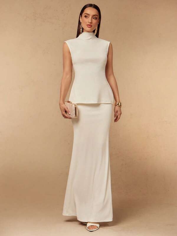 Silquee Ladies' Temperament Backless Design Knitted Suit, Half High Neck Sleeveless Waist Cinched Top Paired With A Flowing Fishtail Skirt, European And American Minimalist Commuting Versatile Slimming Two Pieces Set