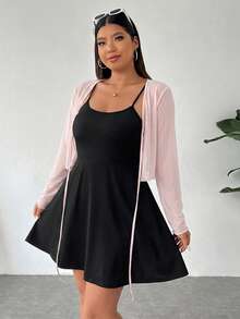 SHEIN EZwear 女款大尺碼針織開襟衫吊帶洋裝兩件套 素色 畢業款 黑色 可愛亮粉色 - 彩色 - 查看 3