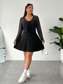 SHEIN EZwear Conjunto de 2 piezas para mujer talla grande con cárdigan de punto de frente abierto & vestido de tirantes finos de unicolor - Negro - Ver 7
