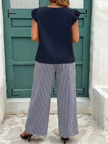 EMERY ROSE Casual Minimalist Dark Blue Striped Print Plus Size 2 Pieces Set - Multicolor - View 2
