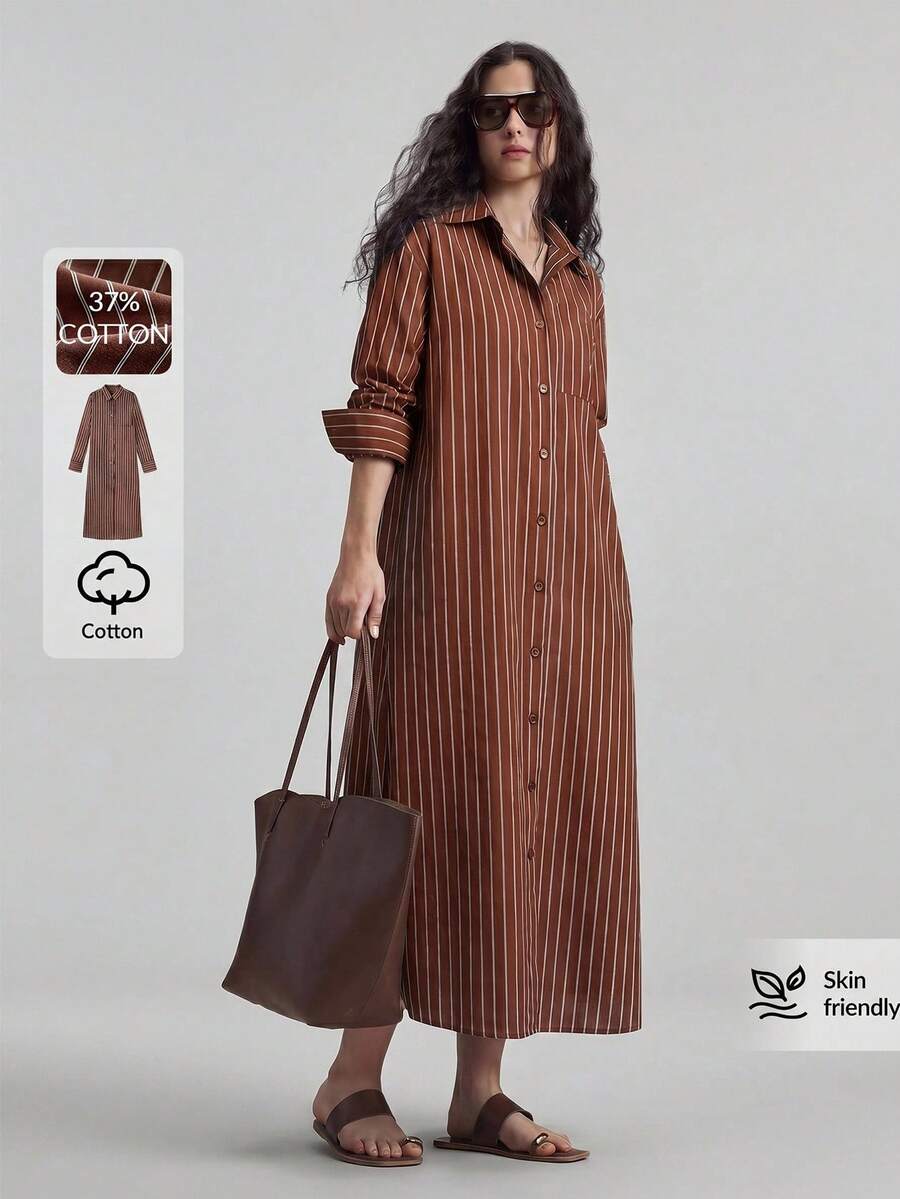 Ontre 2026 SS 女款長條紋襯衫洋裝,寬鬆休閒洋裝適用於都市通勤、商務、度假、海灘、婚禮賓客,優雅長袖鈕扣式洋裝,百搭現代辦公室穿搭 - 鏽棕色 - 查看 1