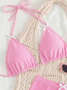 Swim Mod 女款甜美格紋紋理三角杯 3D 蝴蝶結裝飾比基尼套裝，附低腰泳褲 - 粉色 - 查看 4