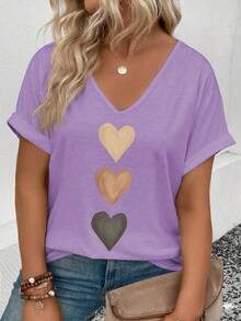 EMERY ROSE Women's Spring/Summer V-Neck Folded Cuff, Gradient Heart Print Pattern Casual Versatile T-Shirt - Lilac Purple - View 1