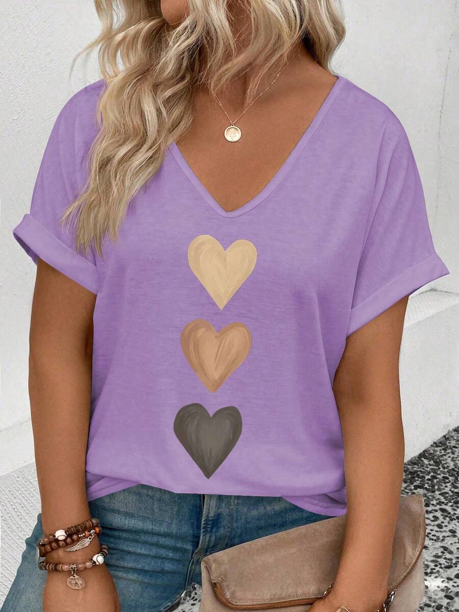 EMERY ROSE Women's Spring/Summer V-Neck Folded Cuff, Gradient Heart Print Pattern Casual Versatile T-Shirt - Lilac Purple - View 1