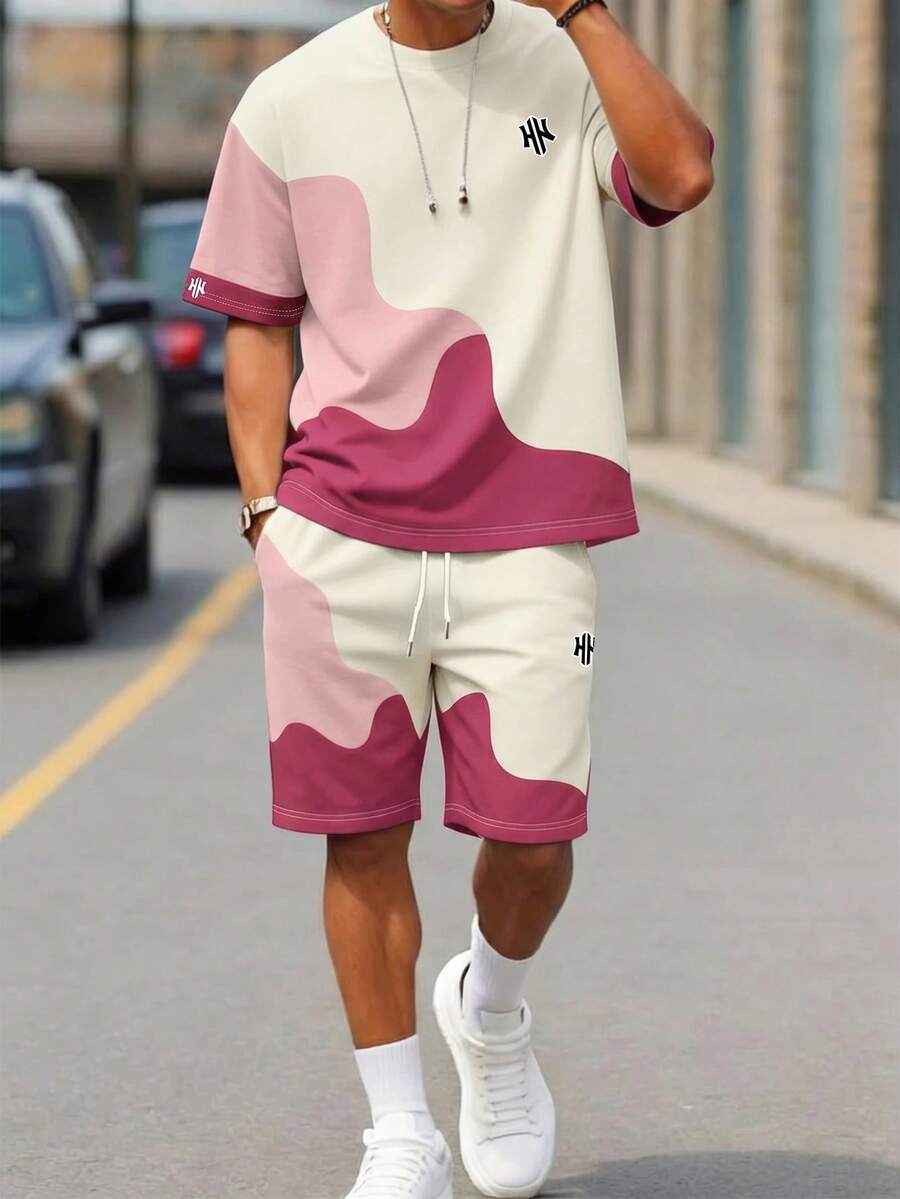 Sorvial Set Pakaian Pria: Kaos Lengan Pendek Kerah Bulat Warna Kontras dan Celana Pendek Pinggang Bertali - Hot Pink - View 1