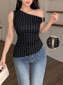 Modelyn 女款波點不對稱肩修身百搭日常外出上衣 - 黑色 - 查看 1