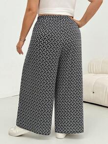 SHEIN CURVE+ 大尺碼休閒全身印花寬腿長褲 - 黑色 - 查看 2