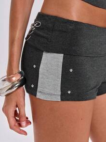 ACID BLVD Conjunto de 2 piezas de otoño estilo Y2K deportivo con camiseta de manga corta raglán y minifalda, estampado de letras con eslogan en caligrafía digital de strass y diseño colorblock - Gris - Ver 4