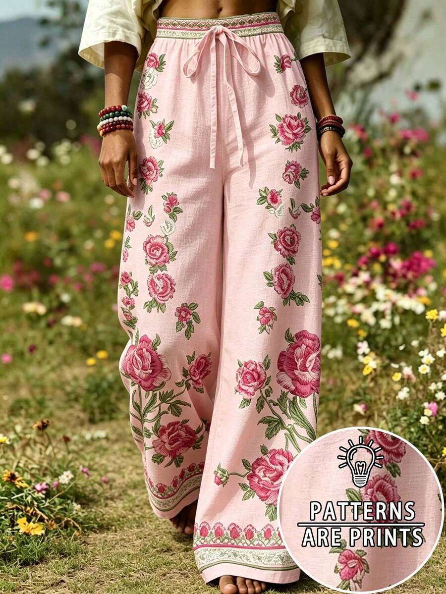 SHEIN 女士印花系带阔腿休闲裤 - 彩色 - 查看 1