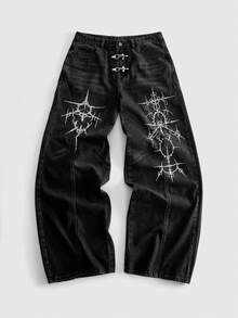 ROMWE MEN Men's Metal Button Print Loose Fit Jeans - Black - View 1