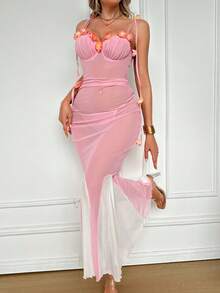 SHEIN 2pcs/Set Women's Sexy Mesh Nightgown With Underwire And Thong - Pink - View 3