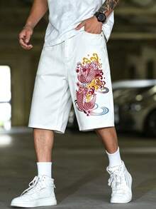 GALLERY FADE Men's Fish Pattern Patch Pocket Loose Casual Denim Wide Leg Shorts - White - View 4