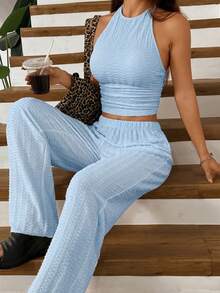 SHEIN EZwear 蓝色针织女式休闲运动套装 - 藍色 - 查看 4