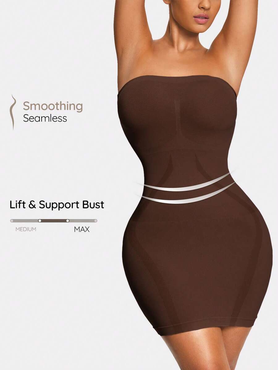 SHEIN Vestido miniajustado sin costuras y sin tirantes de unicolor para mujer - Marrón Chocolate - Ver 1