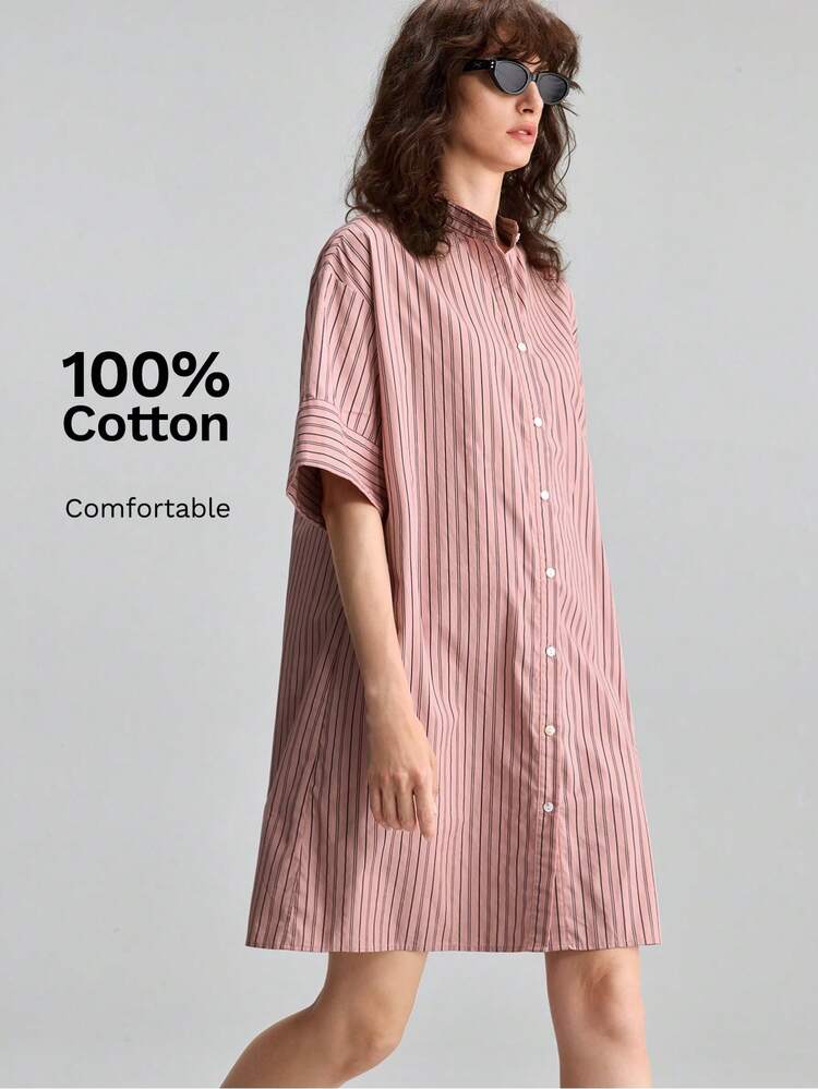 Women's Comfortable Pink Striped Short-Sleeved Shirt Dress All-Season Bohemian Style Vacation Outfits Seaside Women's Clothing Modern Urban Business