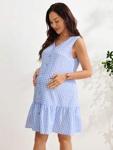 SHEIN Women's Plaid Single-Breasted Comfortable Maternity Dress With Simple Elegant Neckline And Sleeveless Design - Blue and White - View 4