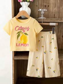 SHEIN Playful Pals 女嬰字母檸檬印花圓領短袖T恤與格紋長褲套裝 - 黃色 - 查看 6