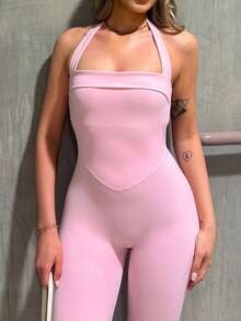 hollyjadebate Mono deportivo ajustado de color liso con cuello halter y espalda descubierta - Rosa - Ver 6
