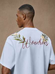 AKNOTIC Business Casual 男士花卉刺繡時尚休閒寬鬆短袖彈性刺繡T恤，適合夏季、度假、日常穿著、派對、情侶、男士禮物 - 淺藍色 - 查看 5