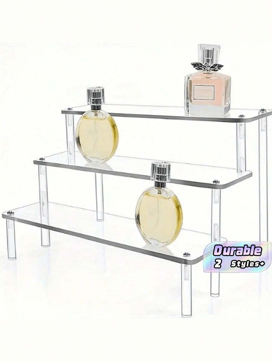 1pc DIY 3-4 Tier Acrylic Desktop Display Rack For Cupcakes, Perfume, Figurines, Transparent Trapezoidal Blind Box Storage Rack/Cabinet - White - View 1