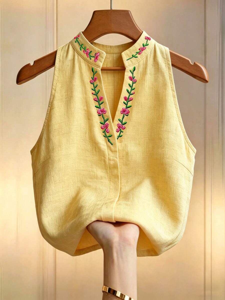 Louniche 女款花卉刺繡立領無袖上衣,夏季優雅通勤上衣 - 鵝黃色 - 查看 1