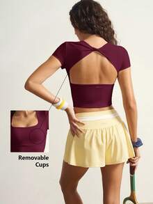VARSIVA Workout Women Tops Casual Solid Color Cropped Sports T-Shirt, Summer Bustier Crop Sports Tee - Burgundy - View 2