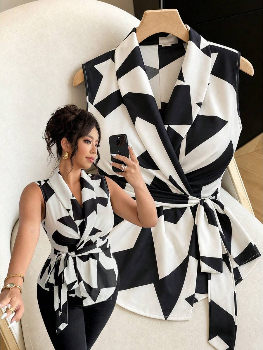 SHEIN Clasi Plus Size Women's Sleeveless Tie Front Waist Cinched Elegant Commuter Formal Shirt Black And White Summer - Apricot - View 1