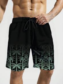 Manfinity KASUA 大尺碼男士抽繩植物印花沙灘短褲，度假款 - 彩色 - 查看 3