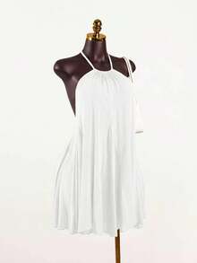 SaltGleam SaltGleam Women's Backless Halter Neck Solid Color Pleated Elegant Mini Dress - White - View 2