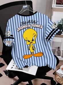 LOONEY TUNES X SHEIN 女士条纹卡通印花圆领休闲短袖T恤 - 白色 - 查看 2