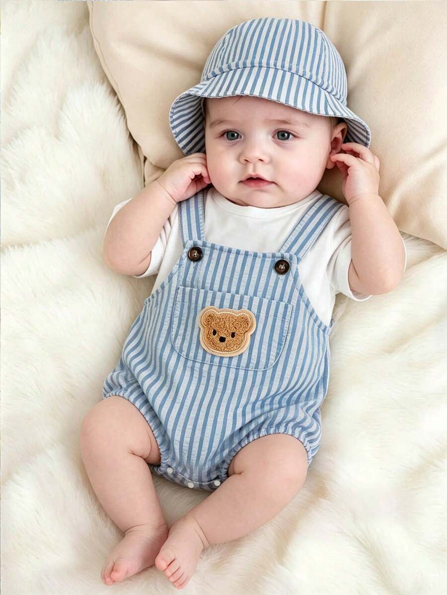 SHEIN Bộ áo thun sọc, quần yếm và mũ cho trẻ sơ sinh - Xanh và trắng - Xem 1