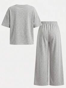 SHEIN Young Girl Bow Print Round Neck Short Sleeve T-Shirt And Pants Casual Set - Grey - View 2