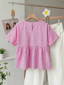 SHEIN EZwear 大尺碼女款圓領條紋百褶休閒百搭日常出遊襯衫 - 粉色 - 查看 2