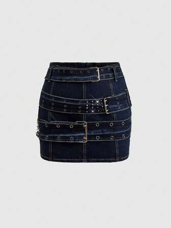 Grunge Punk Gonna in denim taglie forti con cintura rivettata e occhielli stile punk heavy metal vintage Y2K