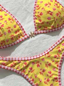 Swim Mod Ensemble de bikini triangle sans armature à imprimé numérique et string, ensemble de bikini de plage pour femmes pour le printemps/été - Jaune citron - Voir 6