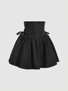 SHEIN MOD Black Fish Bone Waist Cincher Belt Skirt,Summer,Vacation,Going Out,Birthday,Country,Tea Party,Sea,Beach,Wedding,Prom - Black - View 3