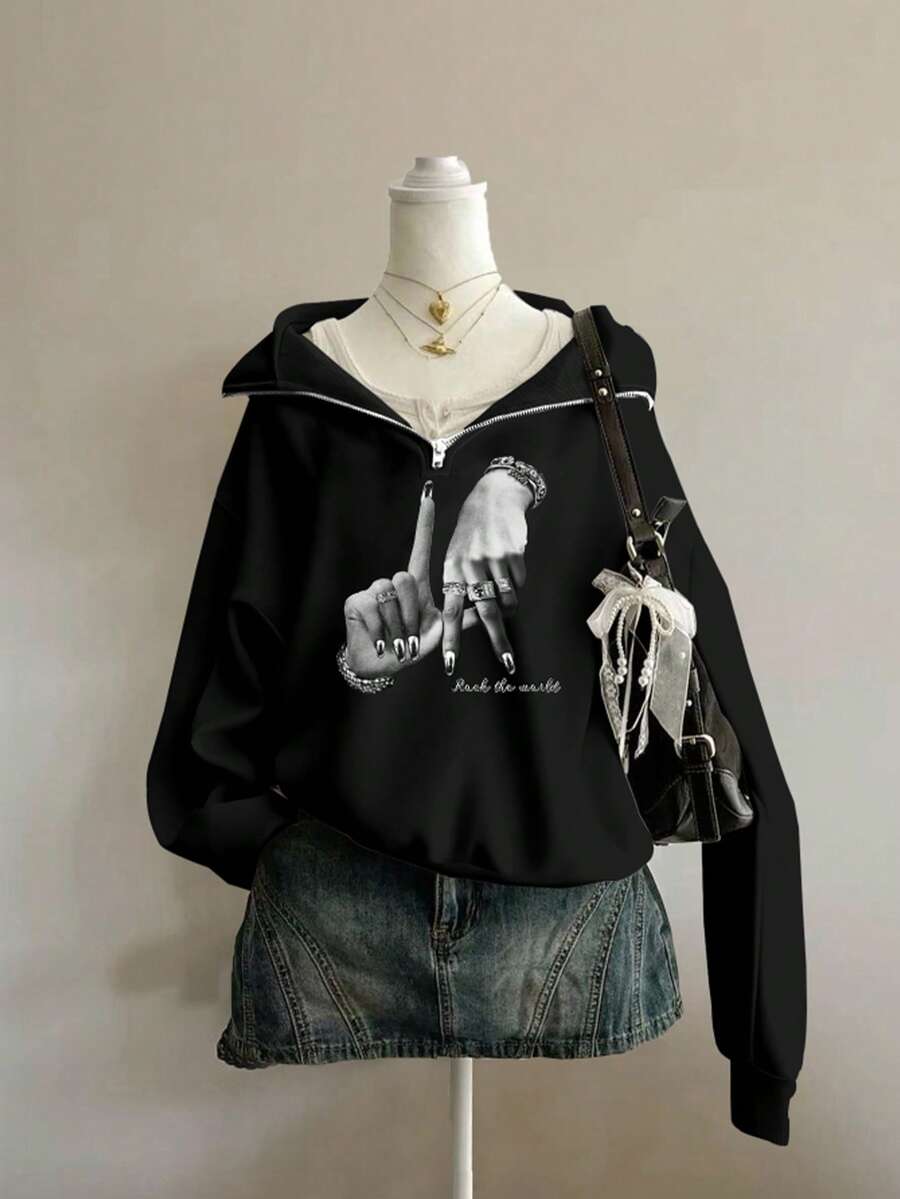 Attitoon 女款小胸花卉圖案寬鬆黑色半拉鍊高領薄款運動衫套頭衫,休閒極簡復古龐克Y2K百搭派對印花,音樂節穿搭,哥德風,女款夏季穿搭,外出穿著 - 黑色 - 查看 1