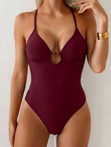 Swim Basics 女款小珠飾掛脖式一件式泳衣，度假適用 - 酒紅色 - 查看 4