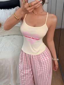 Dream Adore Women's Knitted Pink Heart Print Camisole & Plaid Long Pants Pajama Set - Multicolor - View 3