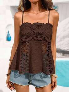 Vivid Eden Women's Vacation Contrast Lace Fashion Elegant Camisole Tank Top Beach Coffee Brown Summer - Brown - View 7