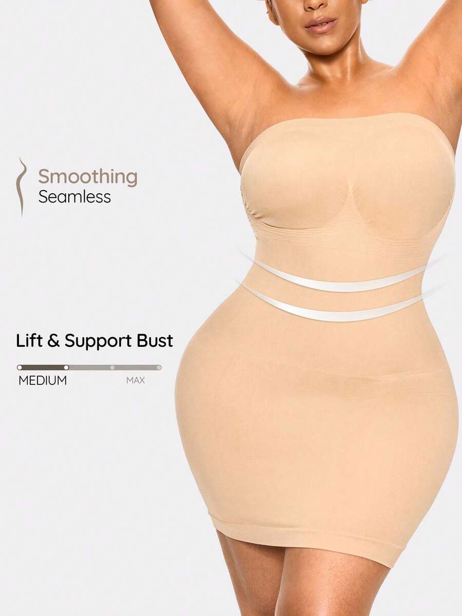 SHAPORA Plus Size Women Solid Color Bodycon Tube Dress - Beige - View 1