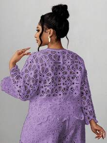 Maweii Plus Size Solid Color Hollow Out Round Neck Elegant Long Sleeve Blouse - Mauve Purple - View 2