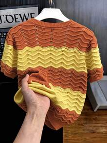 EGENSIO Men's Colorblock Crew Neck Short Sleeve Hollow Knit Top Golf Pastal Vintage - Burnt Orange - View 2