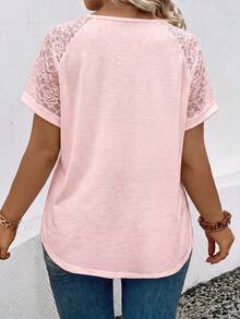 EMERY ROSE Women's Spring/Summer New Hot-Selling Lace Patchwork Design Casual Versatile Plus Size T-Shirt - Pink - View 2