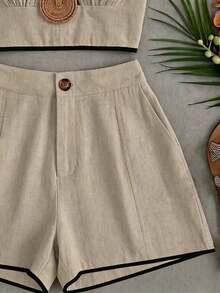 SHEIN Franclia 夏季新款女款V領細肩帶上衣與短褲兩件套，黑色休閒熱帶風歐風海灘度假裝 - 卡其色 - 查看 7
