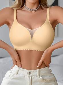 SHEIN 休閒舒適 1件式無縫網格拼接素色波浪邊可調節無鋼圈可拆式胸墊女款內衣 - 卡其色 - 查看 6